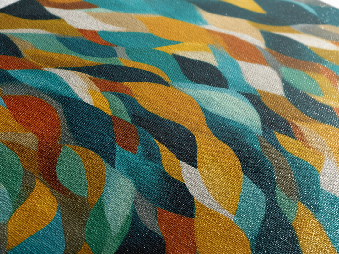 Layered Teal Mustard Leaf Abstract Wall Art, Mid Century Modern Canvas Print, Retro Geometric Statement Living Room Decor
