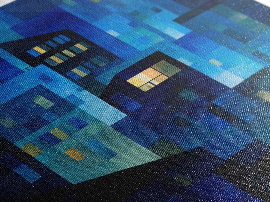 Abstract Blue City Blocks Wall Art, Geometric Night Buildings Print, Midcentury Modern Decor, Contemporary Living Room Art
