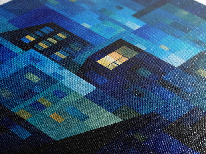 Abstract Blue City Blocks Wall Art, Geometric Night Buildings Print, Midcentury Modern Decor, Contemporary Living Room Art