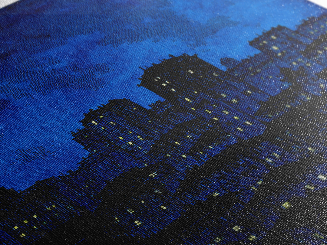 Indigo Linocut Cityscape Canvas Print, Night Skyline Wall Art, Blue Modern Art Print, Urban Home Office Decor Poster Gift
