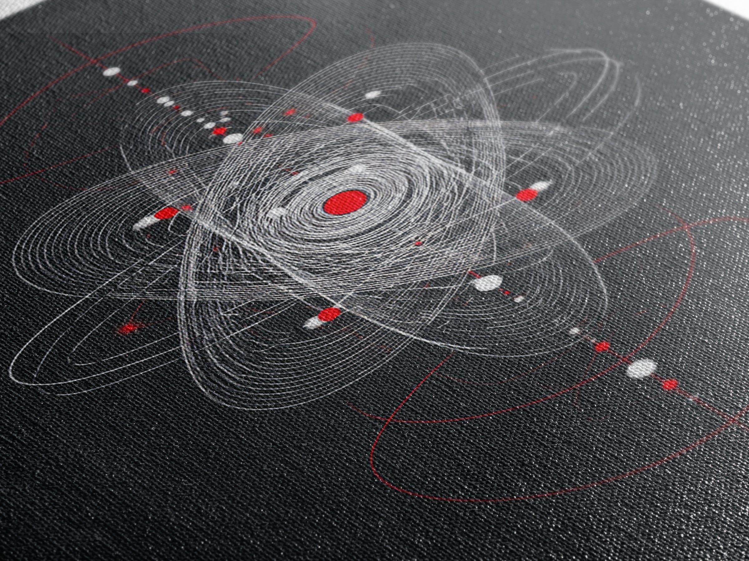 Atomic Orbit Geometry Wall Art, Red White Abstract Line Print, Midcentury Modern Decor, Space Sci Fi Poster For Office Studio