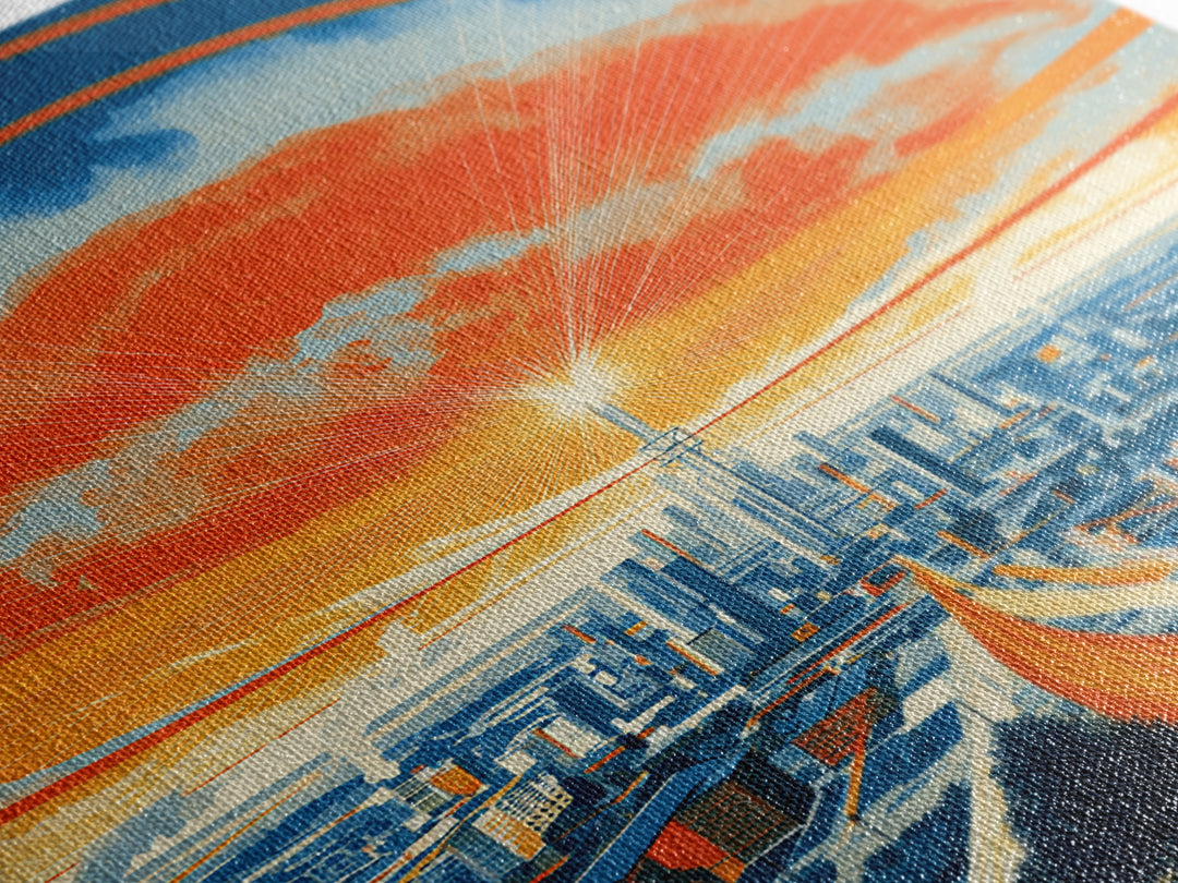 Retro Futurist City Sunset Wall Art, Orange Blue Midcentury Modern Poster, Architectural Art, Travel Wall Decor, Large Print