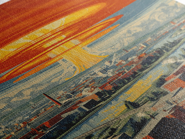 Retro Futuristic City With Orange Saucer Beam, Canvas Print, Mid Century Modern Wall Art, Sci Fi Poster, Atomic MCM Decor