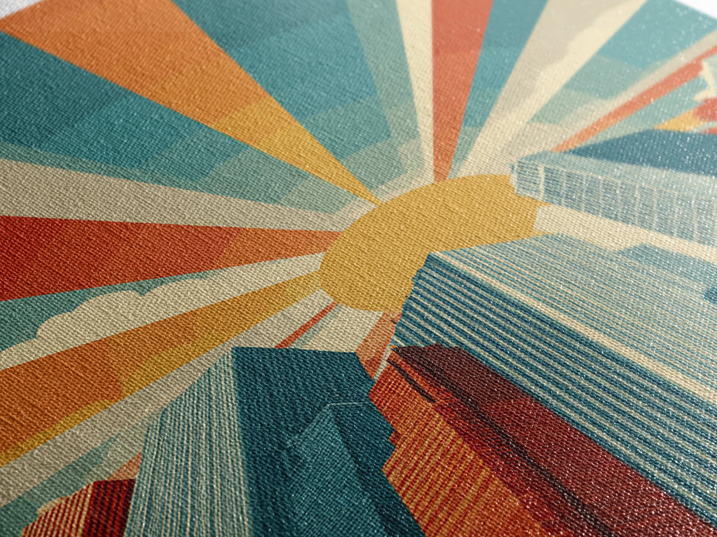 Low Angle Skyscrapers With Radiant Sun, Canvas Print, Mid Century Modern Wall Art, Geometric Poster, Retro Office Decor Print