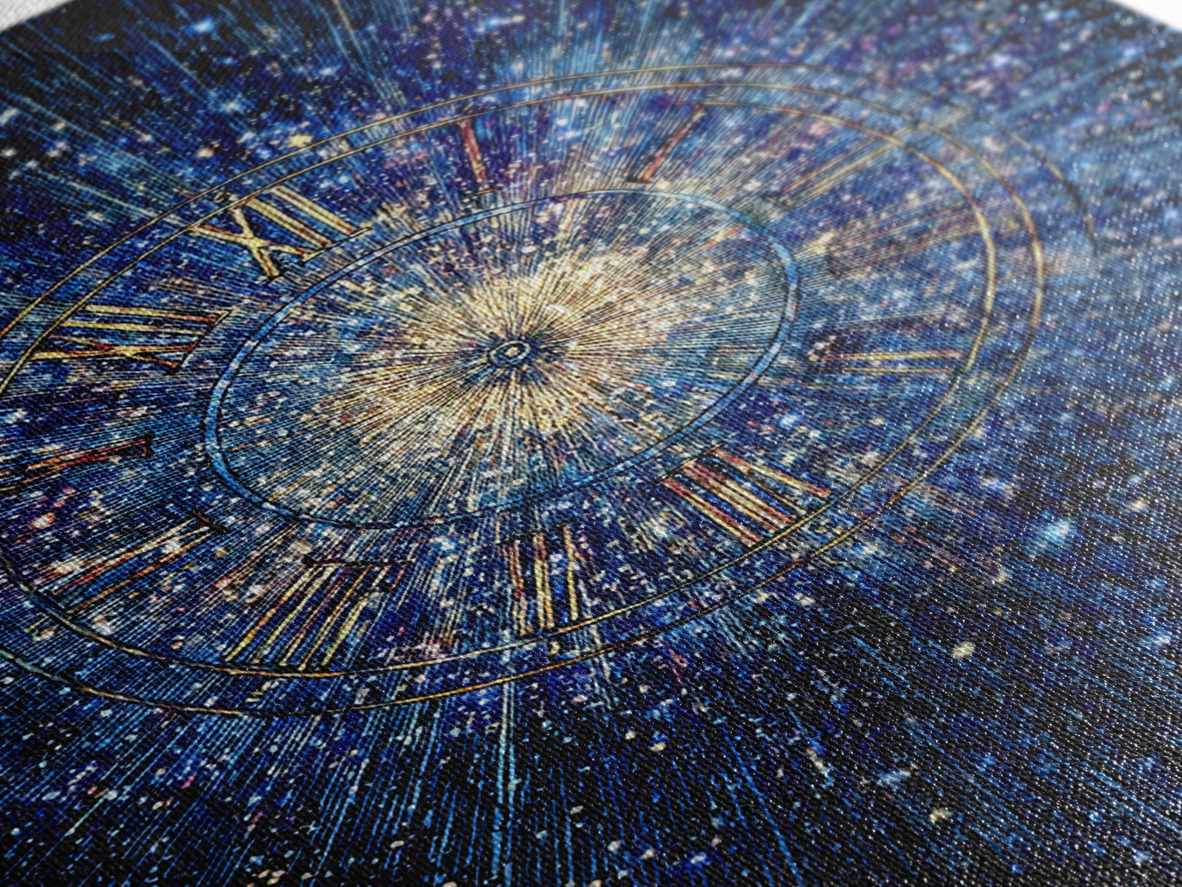 Blue Galaxy Roman Numeral Clock Canvas Print, Celestial Space Wall Art, Cosmic Starburst Poster, Modern Home Office Decor