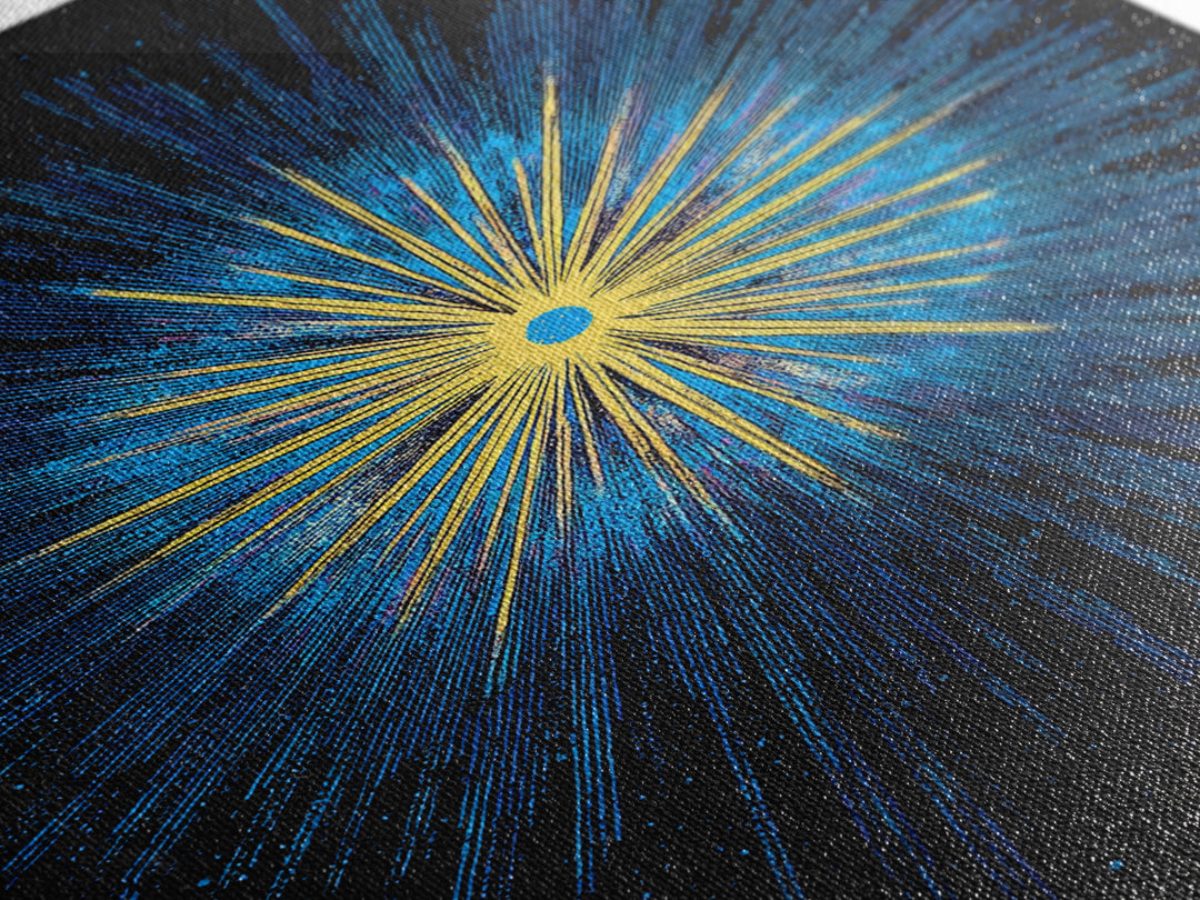 Blue Yellow Cosmic Starburst Wall Art, Space Abstract Art, Modern Digital Art, Retro Sci Fi Poster, Kids Room Decor, Large Print