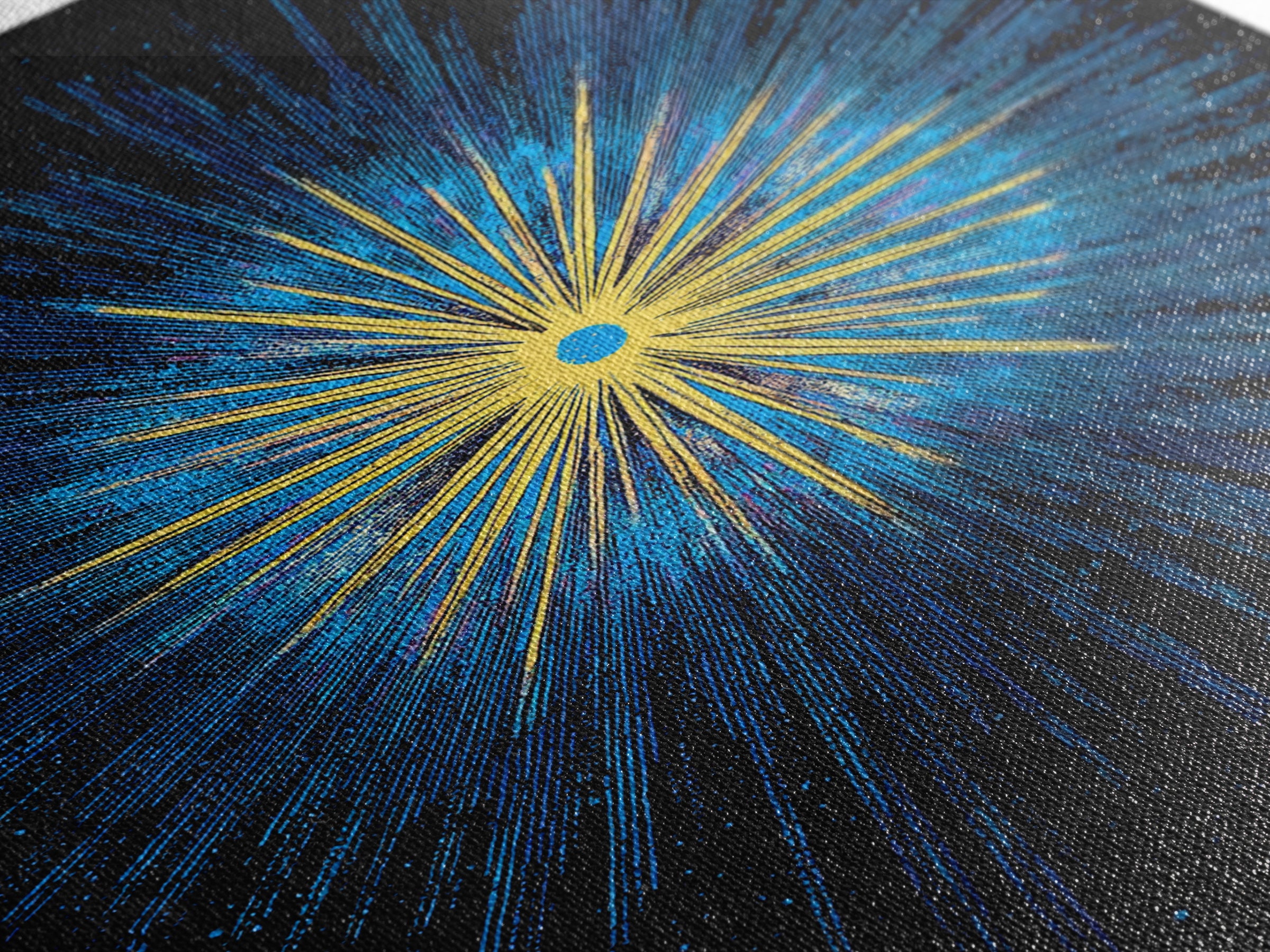 Blue Yellow Cosmic Starburst Wall Art, Space Abstract Art, Modern Digital Art, Retro Sci Fi Poster, Kids Room Decor, Large Print