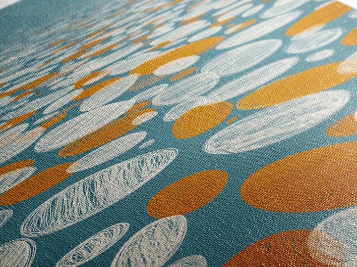 Orange White Floating Pebble Wall Art, Modern Abstract Art Print, Retro Geometric Decor, Blue Coastal Perspective Poster