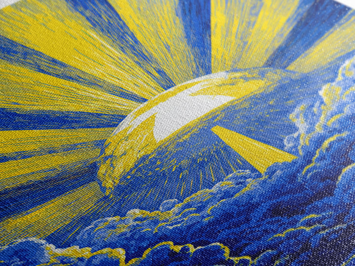 Blue Yellow Celestial Sunburst Canvas Print, Mid Century Modern Wall Decor, Abstract Sun Rays, Cosmic Retro Poster For Living Room