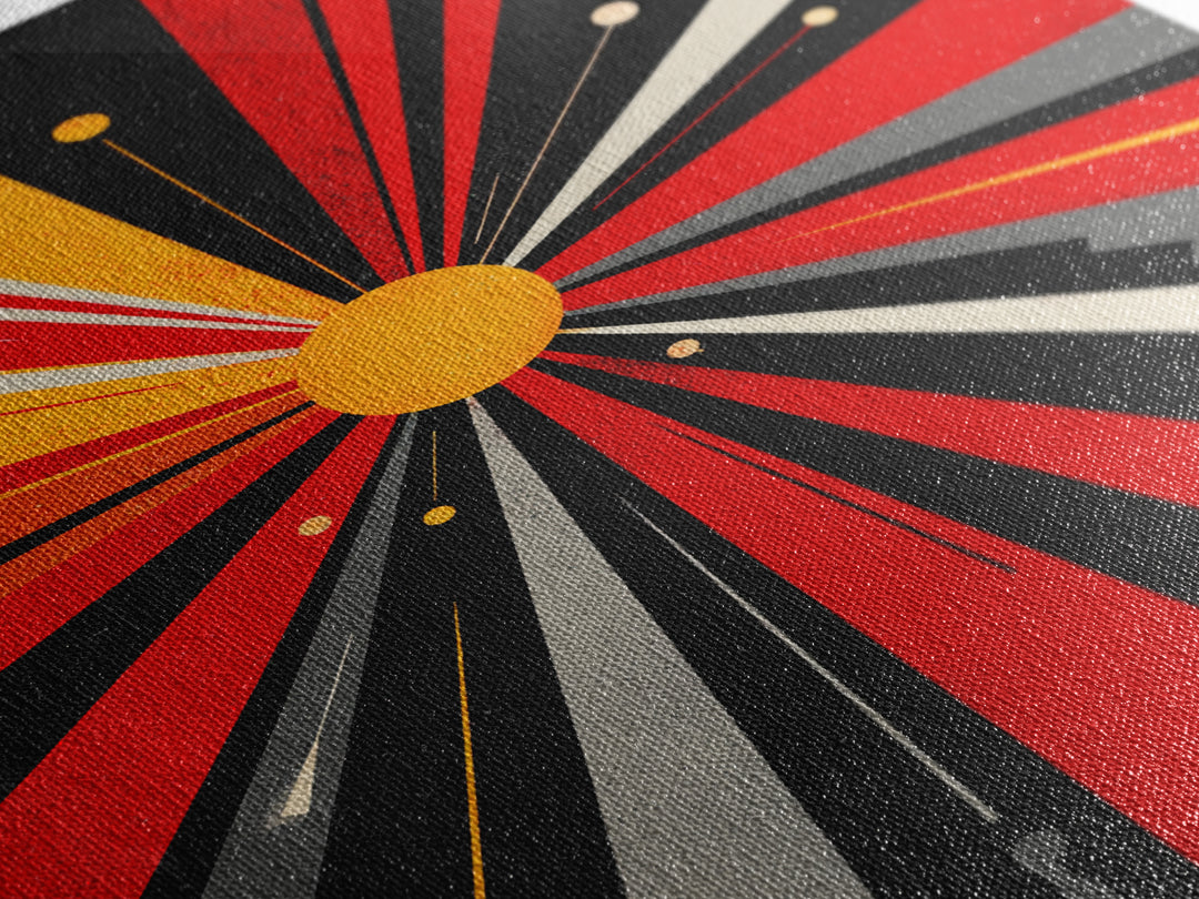Atomic Red Black Starburst Canvas Print, Mid Century Modern Abstract Wall Art, Geometric Space Poster, Retro Bauhaus Decor