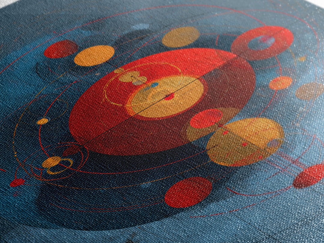 Blue Red Orbital Geometry Canvas Print, Mid Century Modern Abstract Wall Art, Atomic Circles Poster, Bauhaus Home Decor Gift