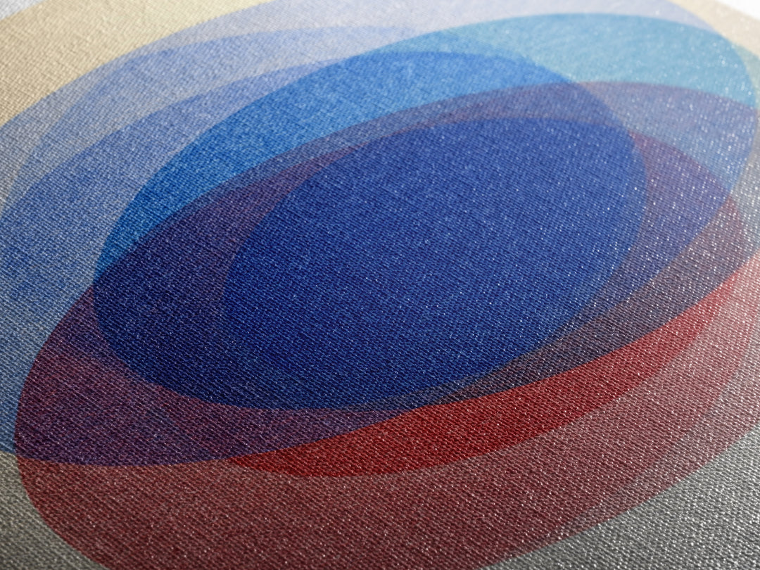 Soft Blue Red Overlapping Circles Framed Canvas Print, Minimalist Midcentury Modern Wall Art, Geometric Bedroom Decor, Blue Art Print