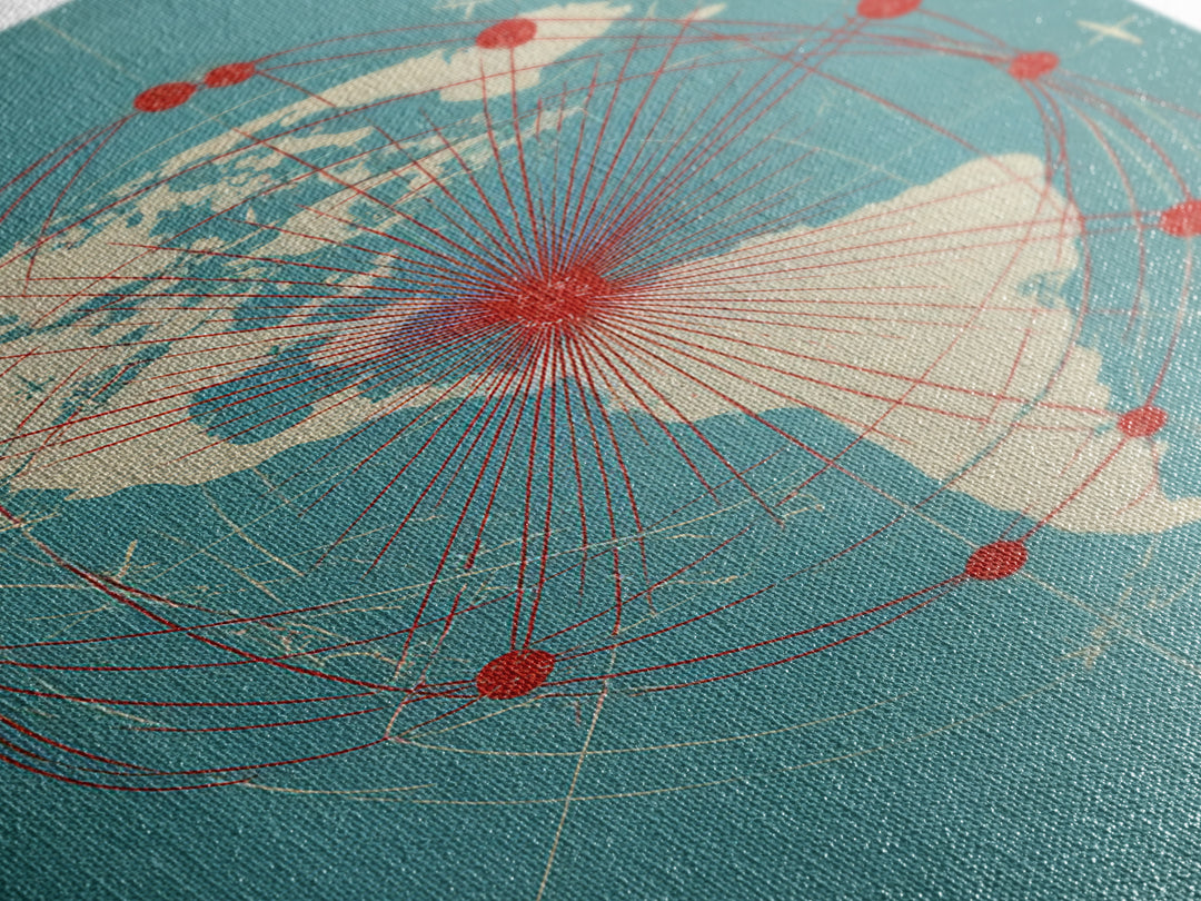 Retro Americas Flight Route Map Canvas Print, Midcentury Modern Travel Wall Decor, Teal Red Atomic Aviation Poster For Office