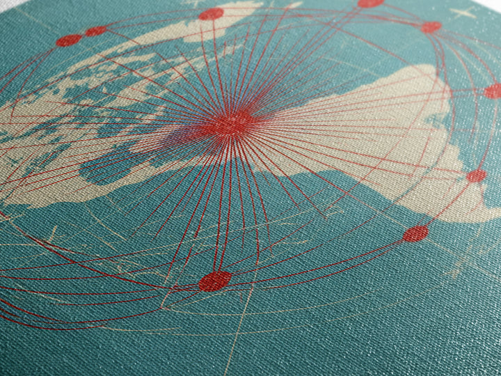 Retro Americas Flight Route Map Canvas Print, Midcentury Modern Travel Wall Decor, Teal Red Atomic Aviation Poster For Office