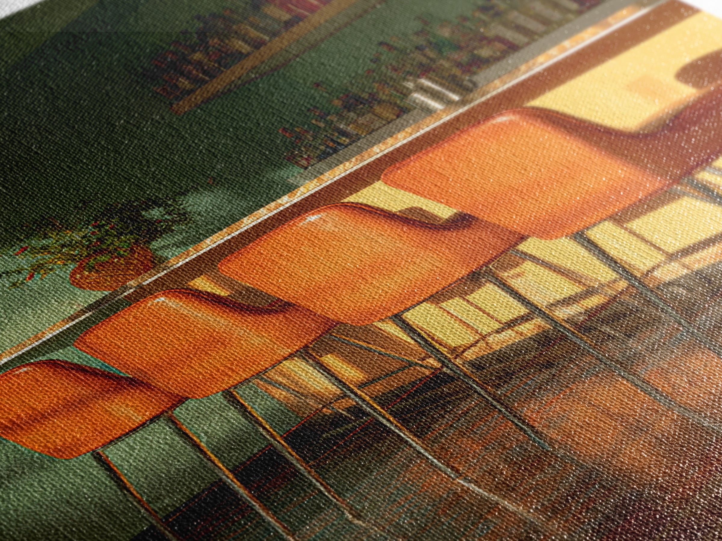 Green And Orange Sunlit Cocktail Bar With Stools Canvas Print, Midcentury Modern Wall Art, Retro Decor, Warm Lounge Poster