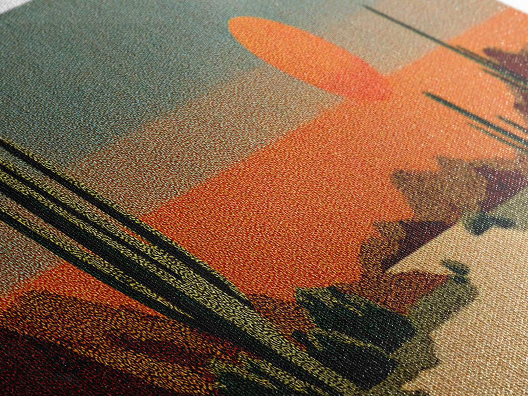 Textured Saguaro Desert With Orange Sun And Rust Mountains Canvas Print, Retro Wall Art, Midcentury Modern Southwest Decor