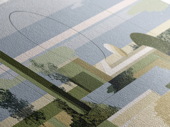 Midcentury Coastal Architecture Wall Art, Olive Green Geometric Landscape, Modern Abstract Decor, Minimalist Canvas Print