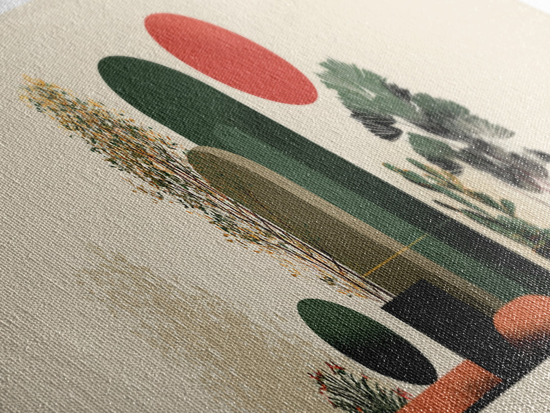 Abstract Botanical Still Life Wall Art, Red Sun And Green Arches, Midcentury Modern Decor, Boho Scandinavian Canvas Print