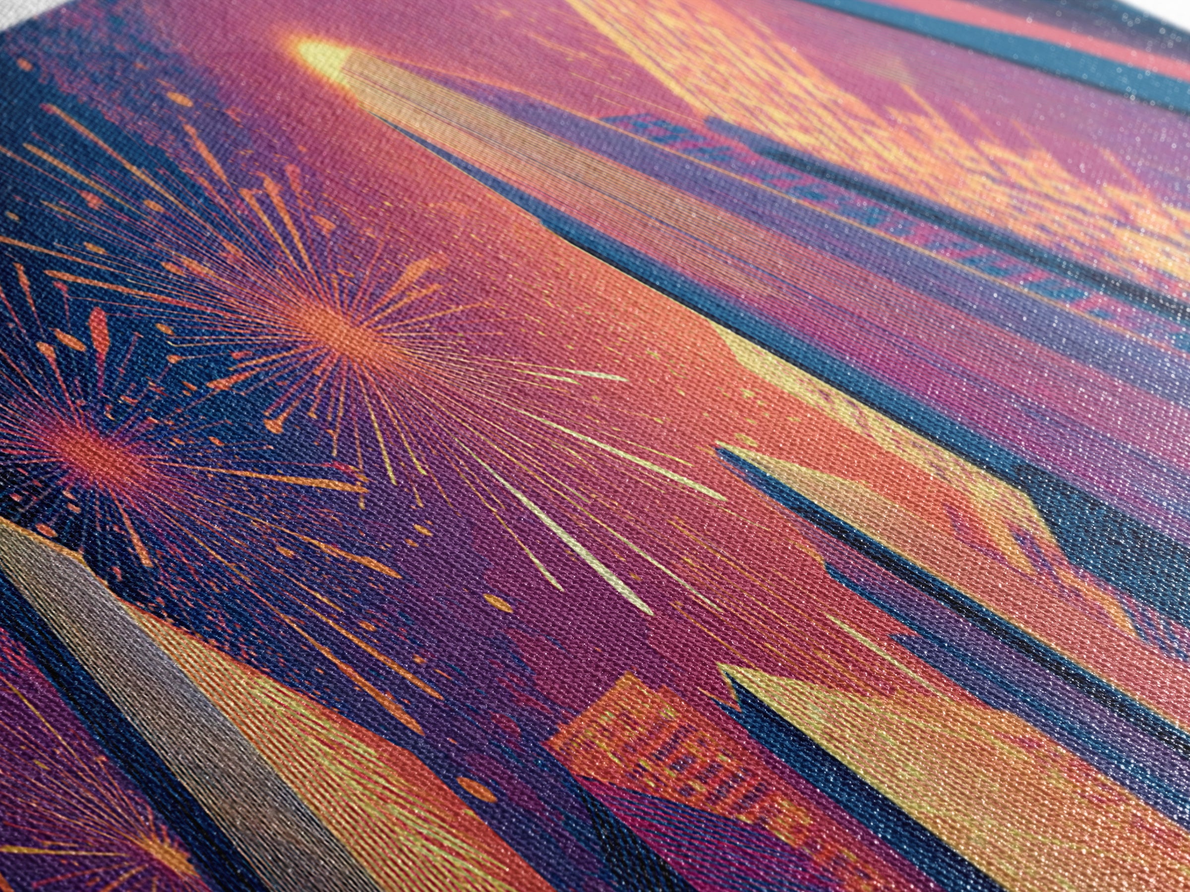 Fireworks Over Skyscrapers Canvas Print, Neon City Night Wall Art, Retro Futuristic Urban Decor, Bold Architecture Poster