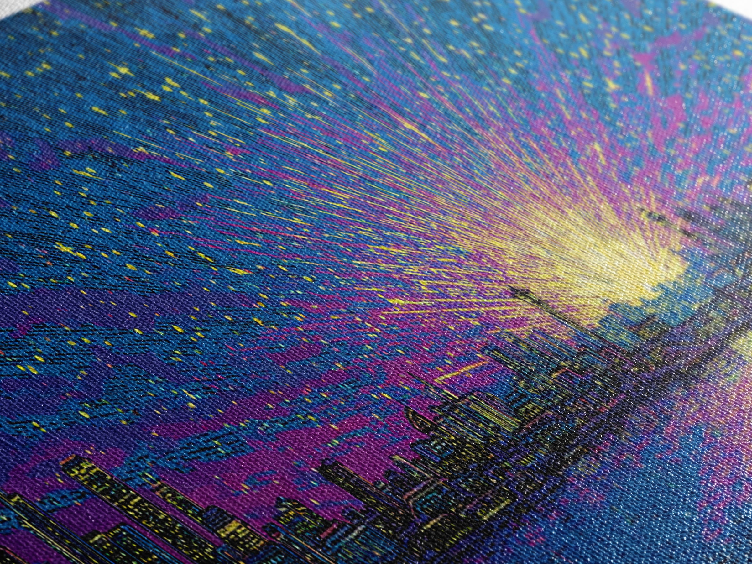 Cosmic Harbor Skyline Sunset Wall Art, Starburst Cityscape Print, Vibrant Blue Purple Decor, Modern Panoramic Poster Gift