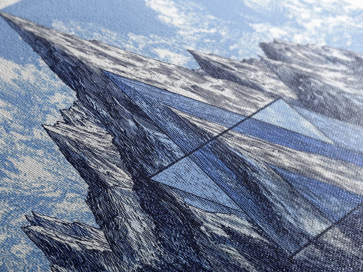 Snowy Alpine Mountain Sketch Wall Art, Blue White Landscape Print, Modern Geometric Poster, Office And Living Room Decor