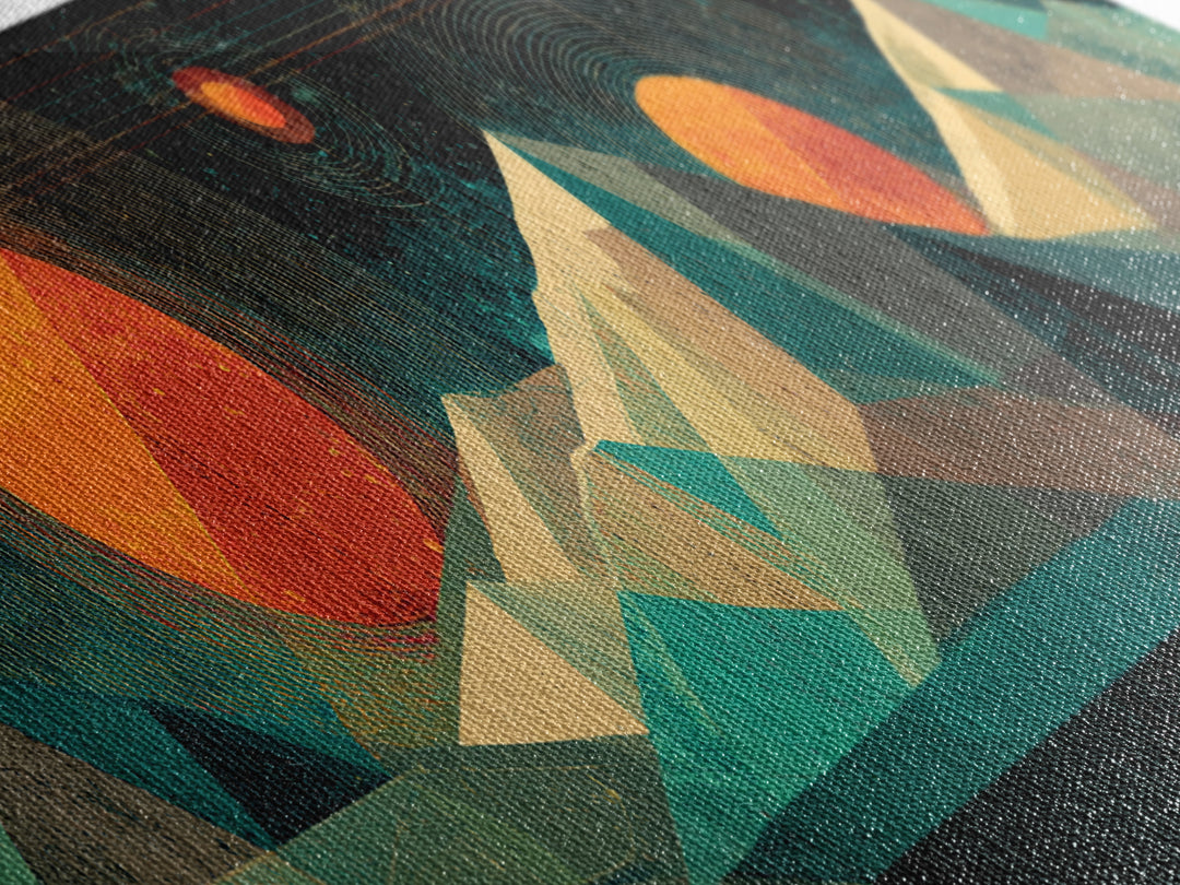 Geometric Mountain Suns Framed Canvas Print, Midcentury Modern Wall Art, Teal Orange Abstract Decor, Retro Landscape Poster
