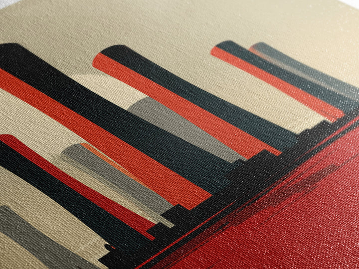 Minimal Cooling Towers On Red Plain Canvas Print, Midcentury Modern Industrial Landscape, Atomic Power Plant Wall Decor Art