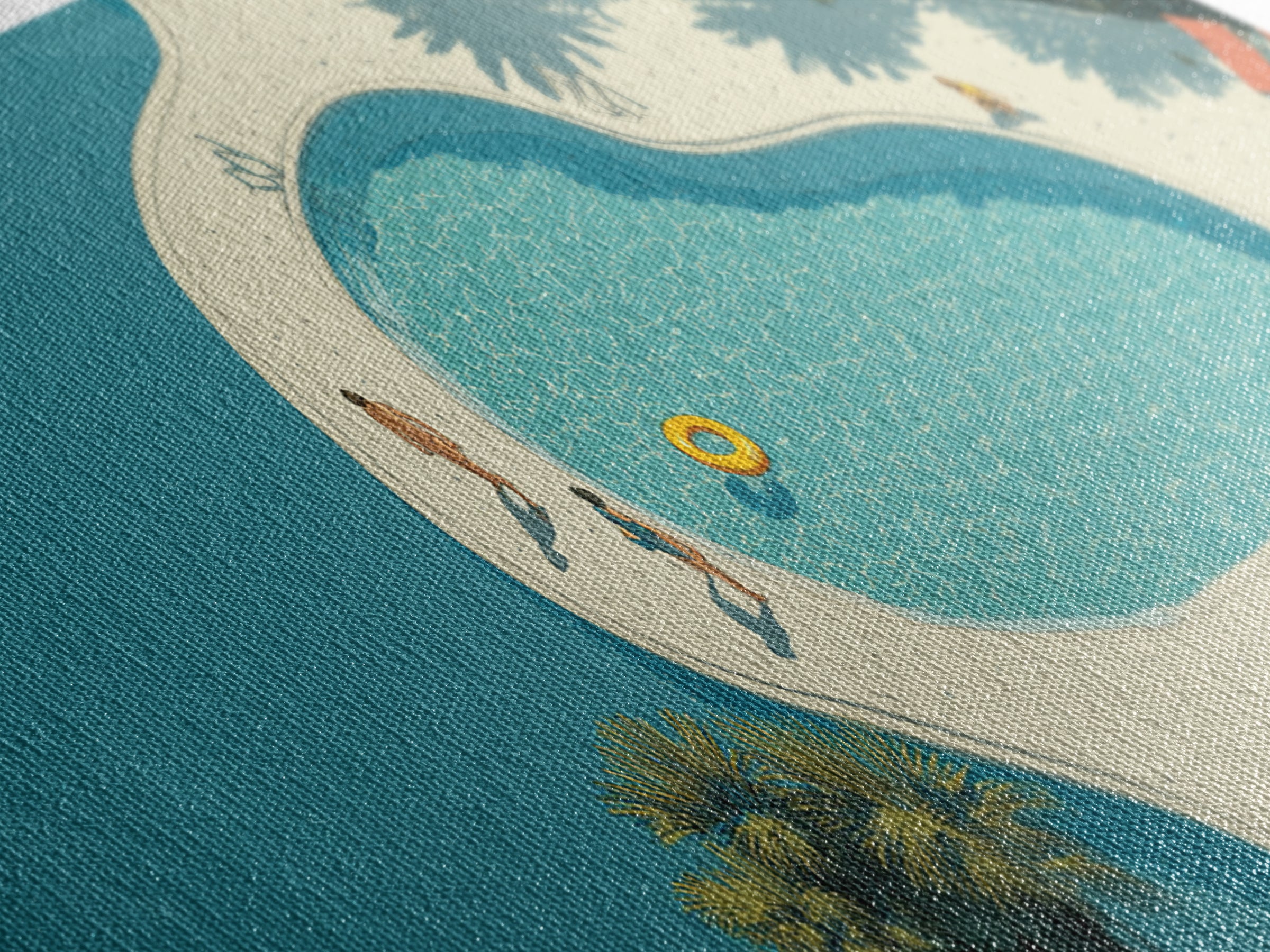Aerial Turquoise Pool Beside Blue Water Canvas Print, Minimalist Wall Art, Midcentury Modern Decor, Coastal Resort Poster