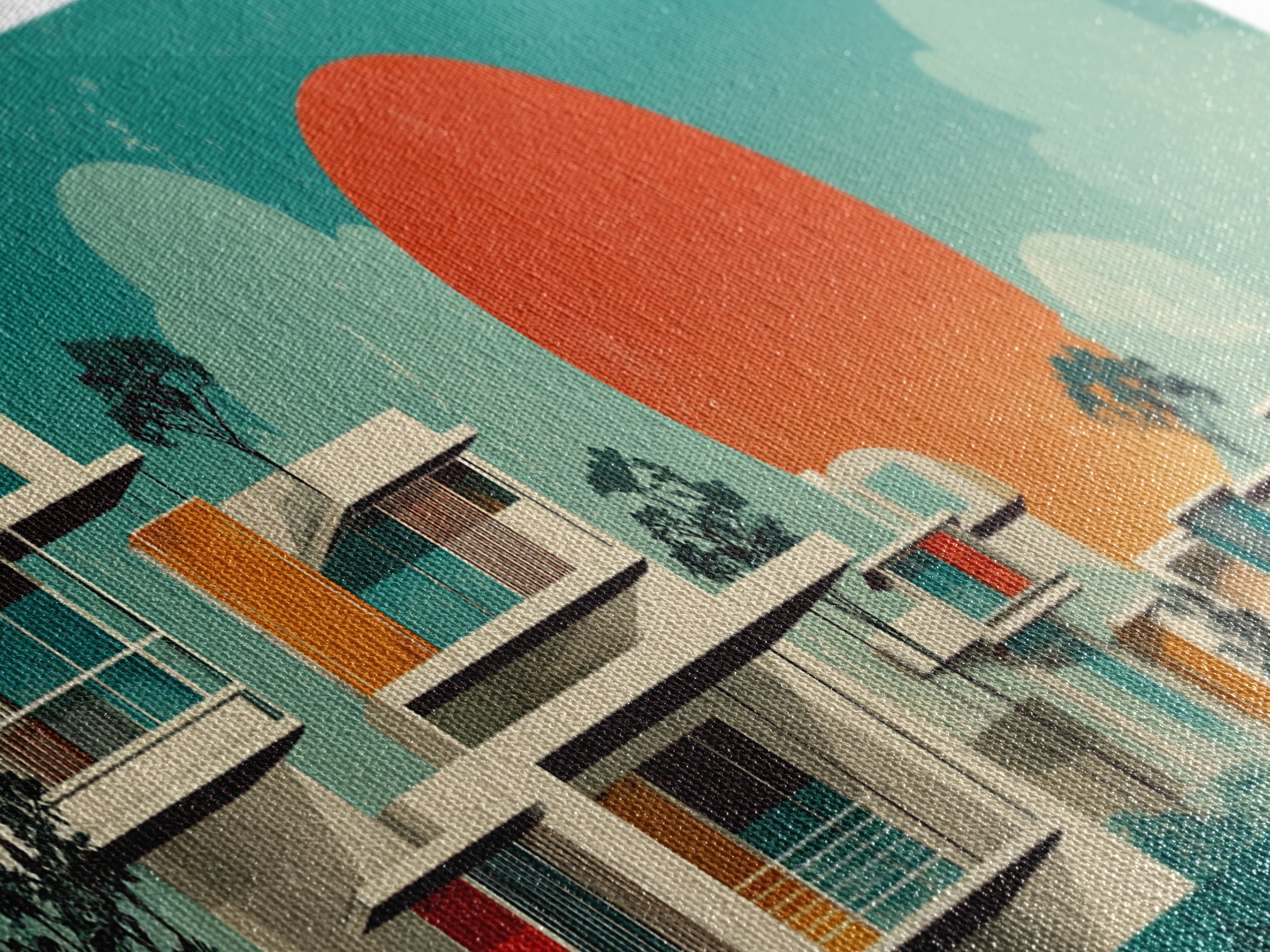 Modernist White Villas With Orange Sun Wall Art, Mid Century Modern Architecture, Palm Springs Decor, Teal Panoramic Print