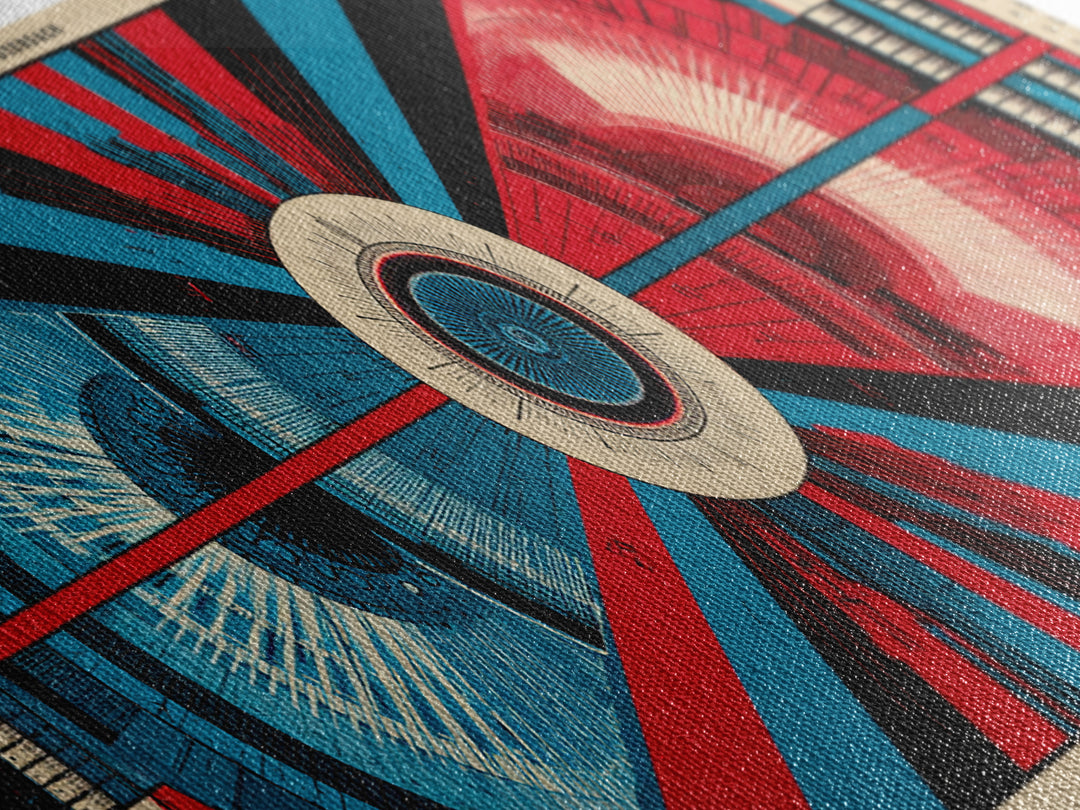 Red And Blue Technical Mandala Wall Art, Mid Century Abstract Geometric Poster, Atomic Modern Decor, Panoramic Canvas Print