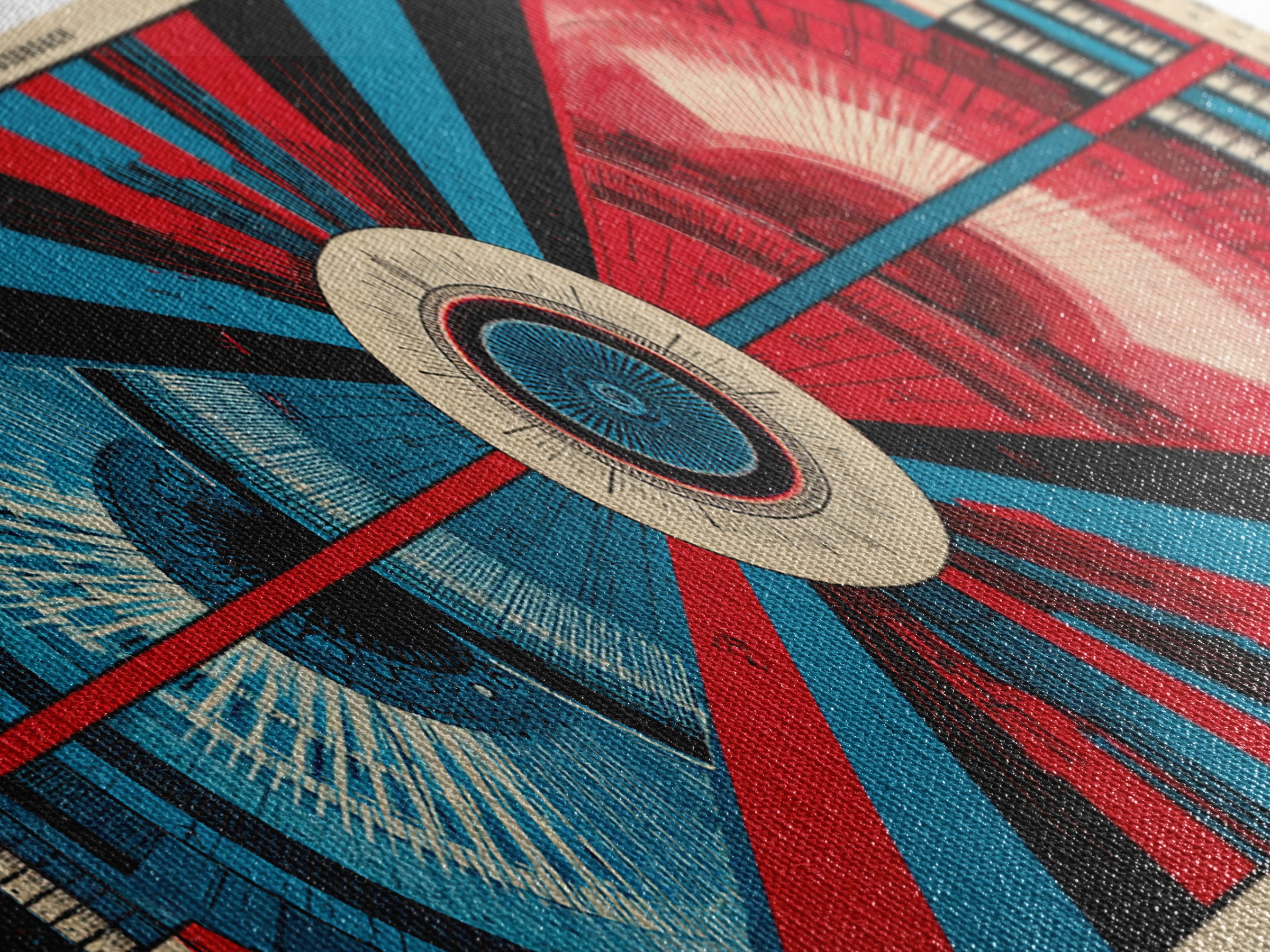 Red And Blue Technical Mandala Wall Art, Mid Century Abstract Geometric Poster, Atomic Modern Decor, Panoramic Canvas Print