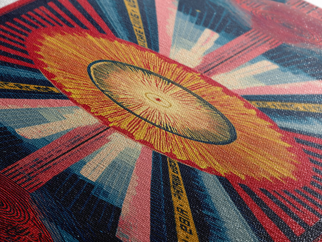 Cosmic Golden Sunburst Space Chart Wall Art, Mid Century Modern Abstract, Atomic Retro Poster, Blue Red Panoramic Canvas Print