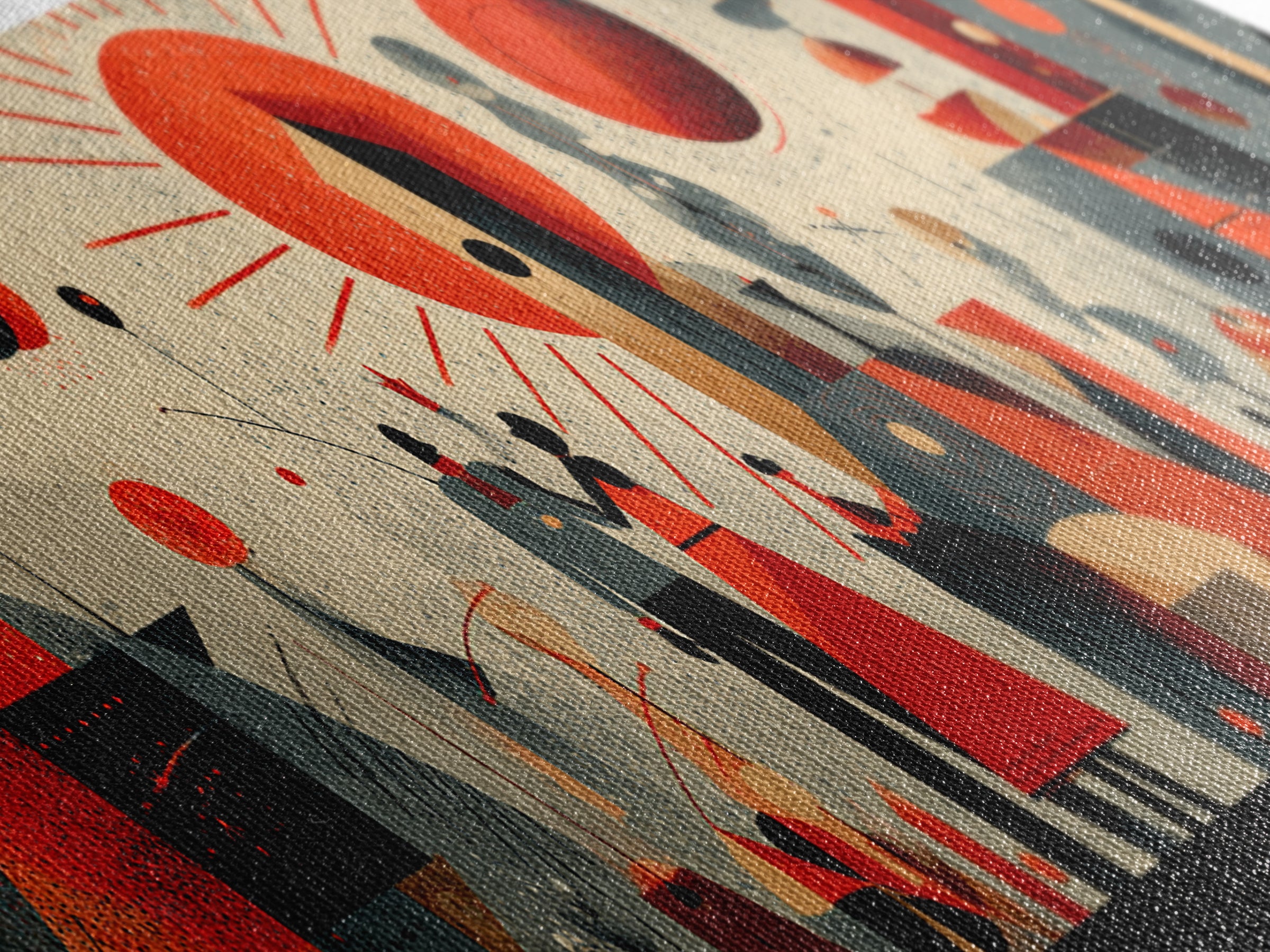 Geometric Red Sun City With Figures Wall Art, Mid Century Modern Abstract Poster, Bauhaus MCM Decor, Panoramic Canvas Print