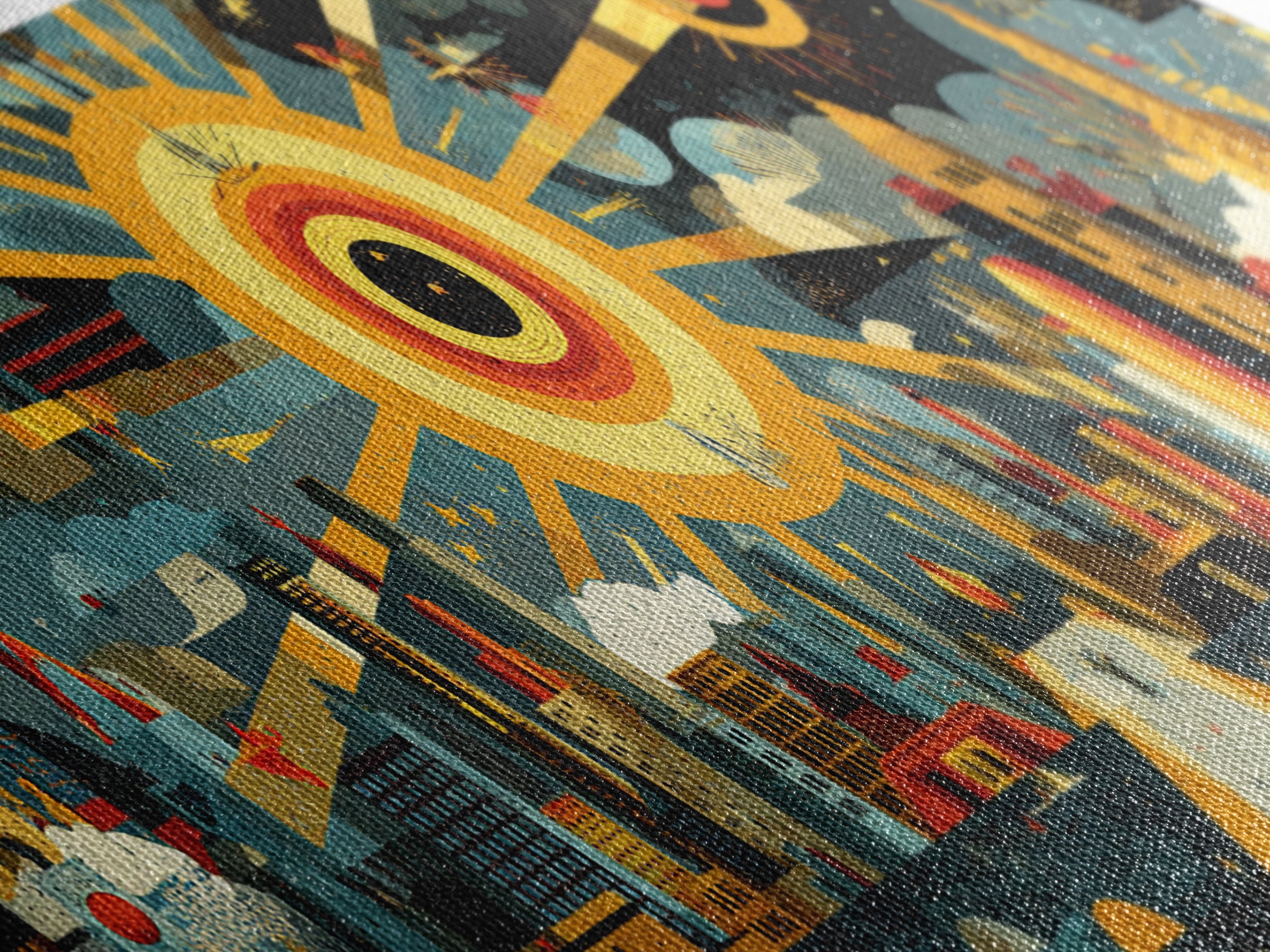 Atomic City Skyline Under Giant Sun Wall Art, Mid Century Modern Urban Poster, Retro Modern Home Decor, Panoramic Canvas Print