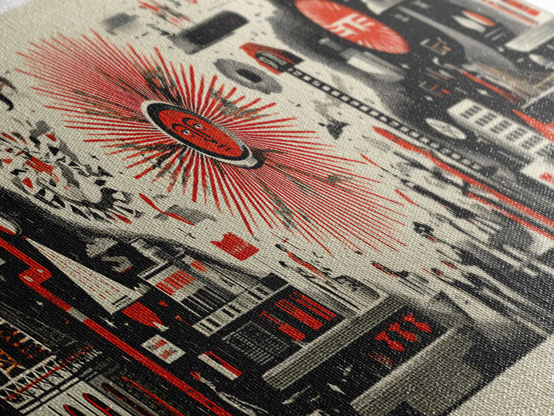 Surreal Red Sun Town Collage Wall Art, Mid Century Modern Folk Abstract Poster, Black Cream Retro Decor, Panoramic Canvas Print