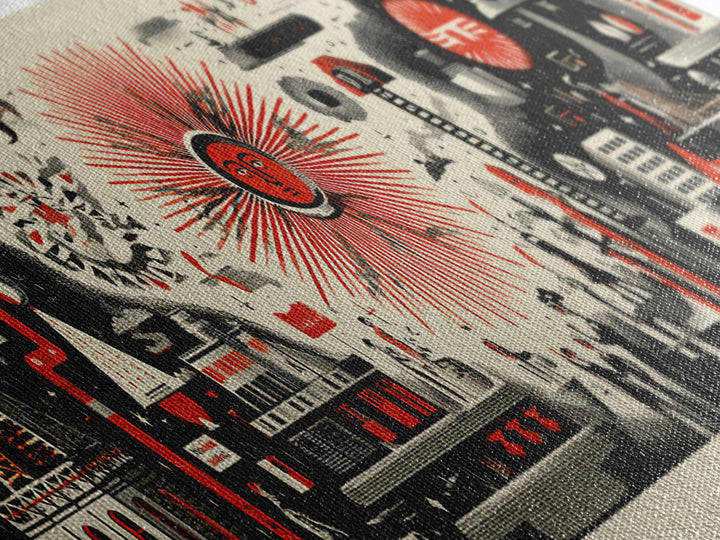 Surreal Red Sun Town Collage Wall Art, Mid Century Modern Folk Abstract Poster, Black Cream Retro Decor, Panoramic Canvas Print