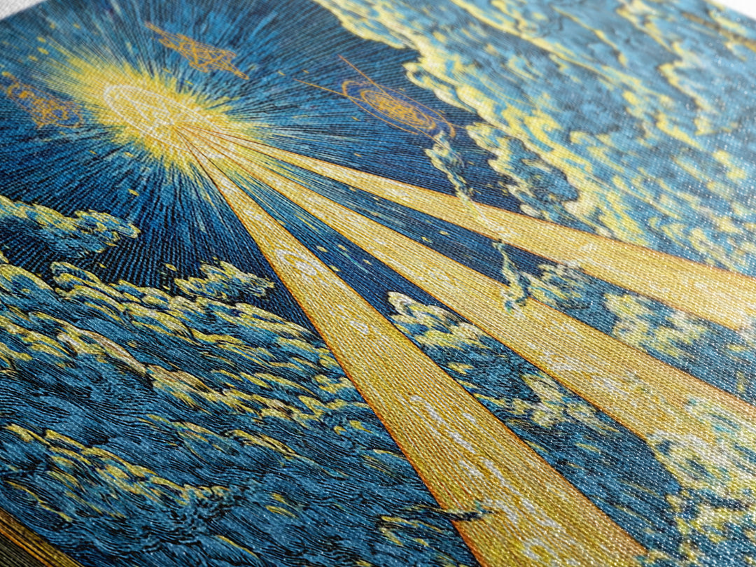 Golden Light Beams Through Clouds Framed Canvas Print, Spiritual Wall Art, Midcentury Modern Poster, Celestial Decor, Sci Fi Wall Decor