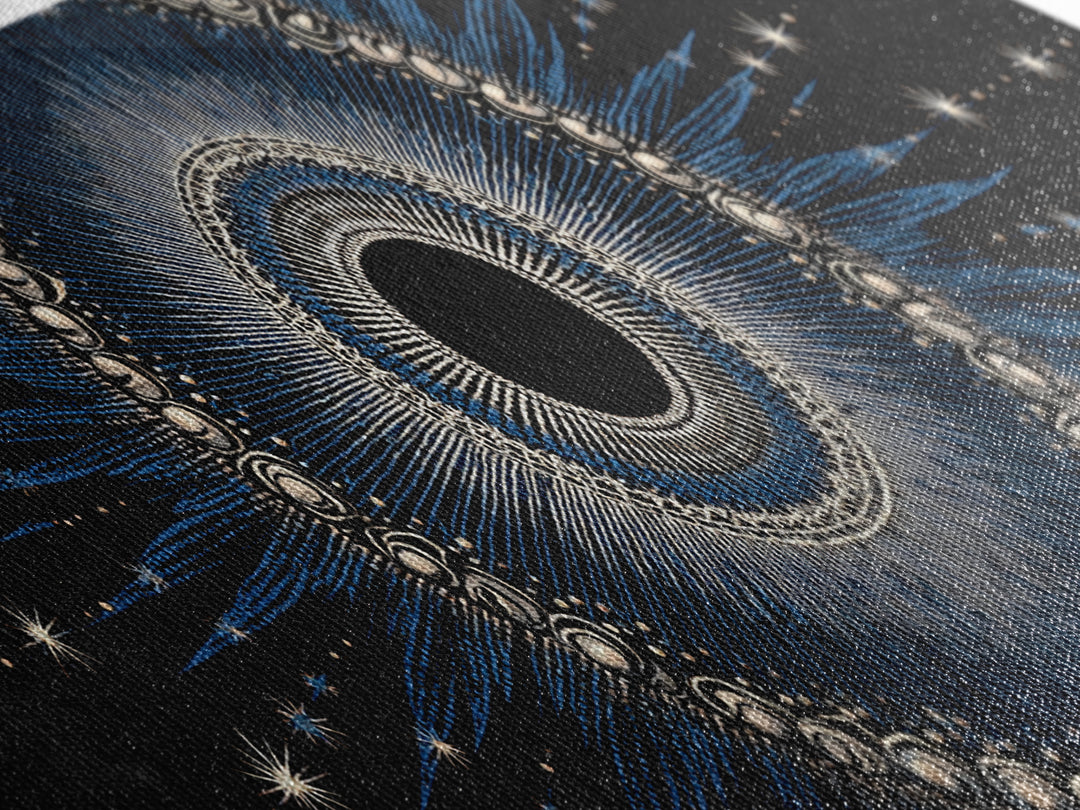 Blue Celestial Eclipse Wall Art, Art Deco Sunburst Mandala, Modern Abstract Print, Gothic Cosmic Framed Canvas Print Decor