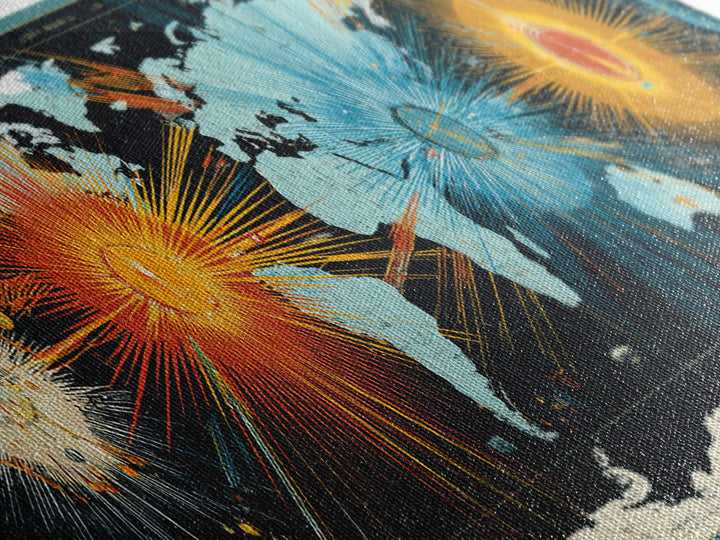 World Map Sunburst Network With Celestial Nodes, Canvas Print, Modern Wall Art, Geographic Abstract Poster For Office Decor