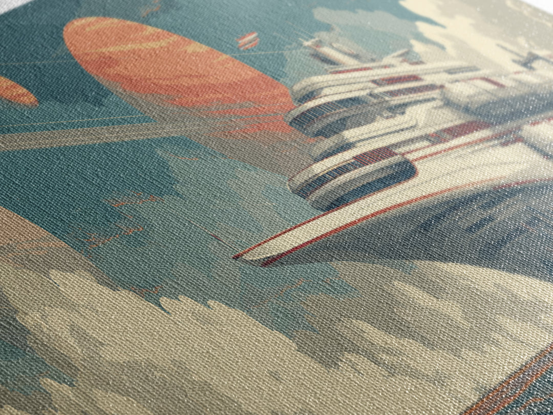 Futuristic Space Cruise Ship Canvas Print, Retro Sci Fi Wall Art, Planet Travel Poster, Modern Home Decor For Office Room