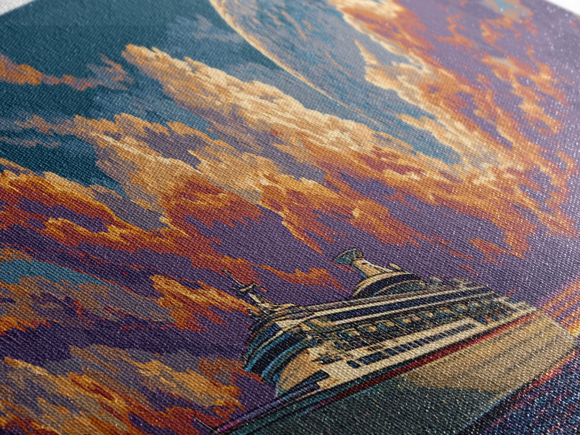 Moonlit Cruise Ship At Orange Ocean Sunset Wall Art, Retro Futuristic Travel Poster, Midcentury Modern Decor Canvas Print
