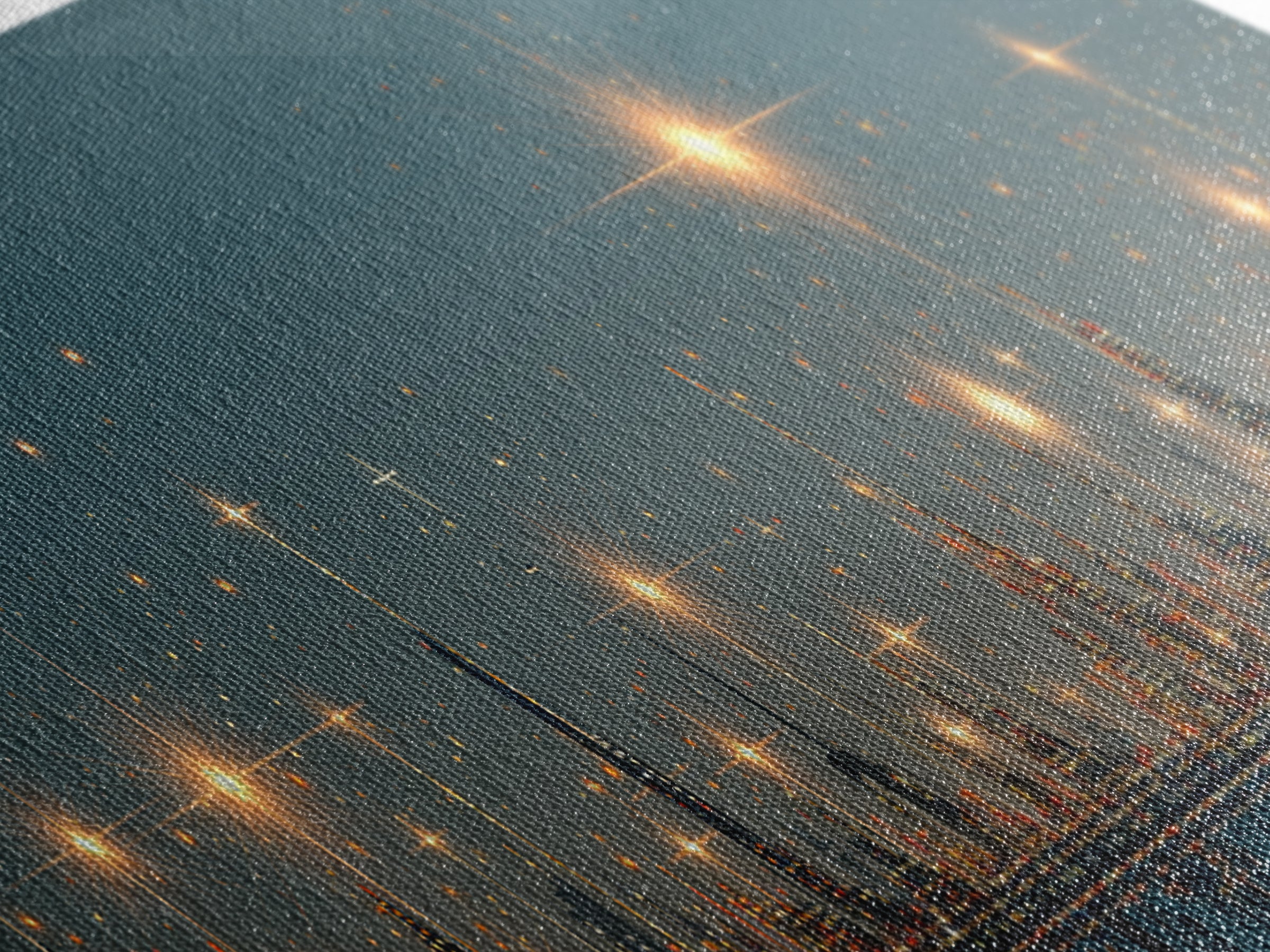 Golden Starbursts Over Night City Skyline Wall Art, Modern Abstract Art Print, Futuristic Urban Decor, Large Canvas Print