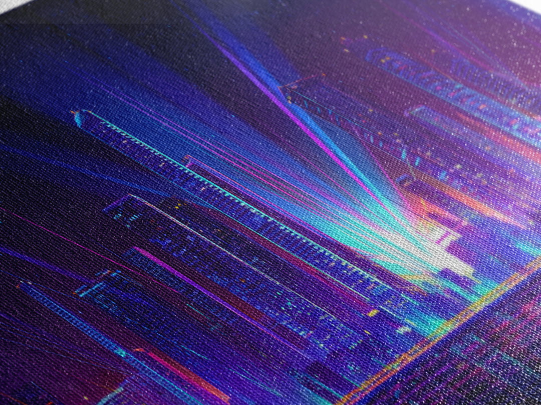 Neon Laser City Skyline At Night Wall Art, Cyberpunk Modern Art Print, Blue Purple Futuristic Decor, Large Canvas Print, Poster
