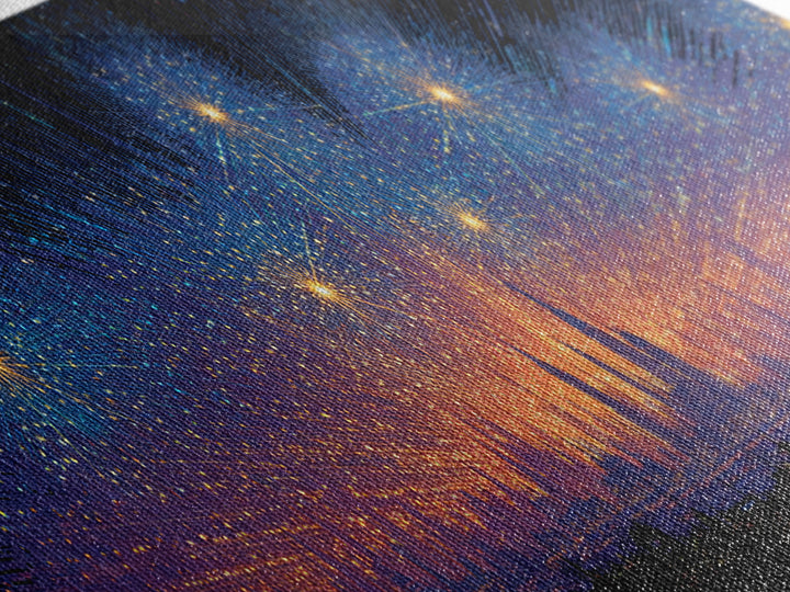 Starry Digital Fireworks Above Distant Skyline Wall Art, Modern Abstract Art Print, Futuristic Night Decor, Canvas Print