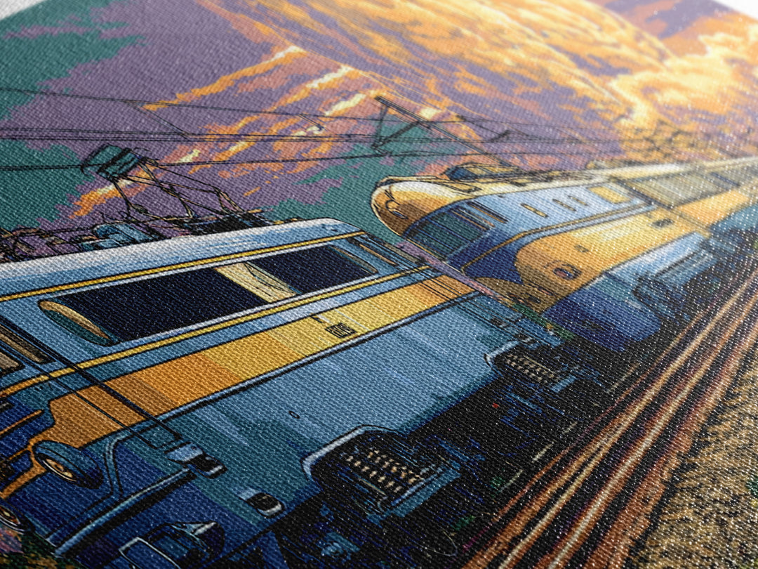 Blue Electric Trains Canvas Print, Atomic Explosion Rail Scene, Midcentury Modern Wall Art, Retro Sci Fi Travel Decor Poster