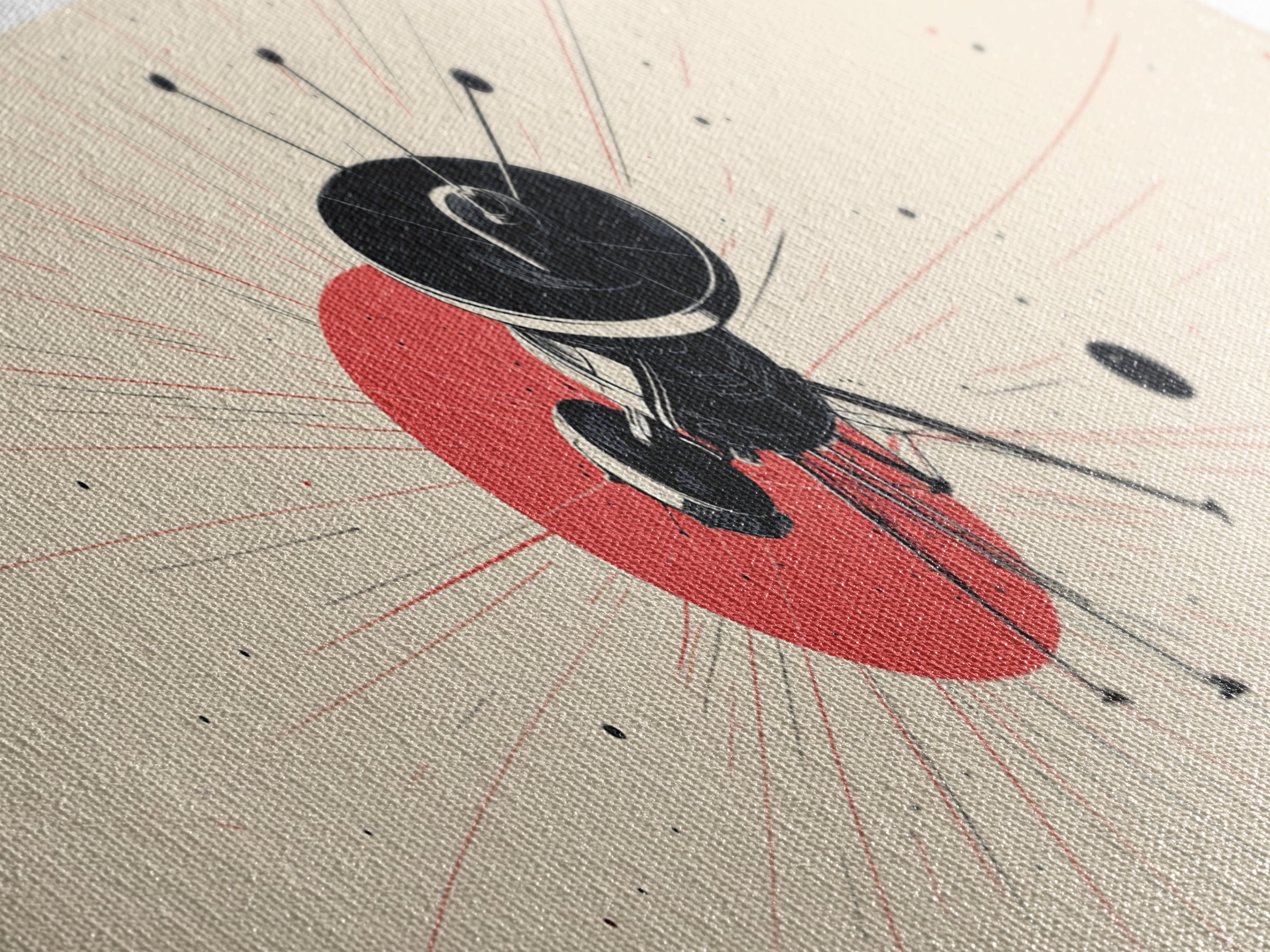 Minimal Black Space Probe Wall Art, Red Sunburst Abstract Satellite Print, Modern Sci Fi Poster, Retro Home Office Decor