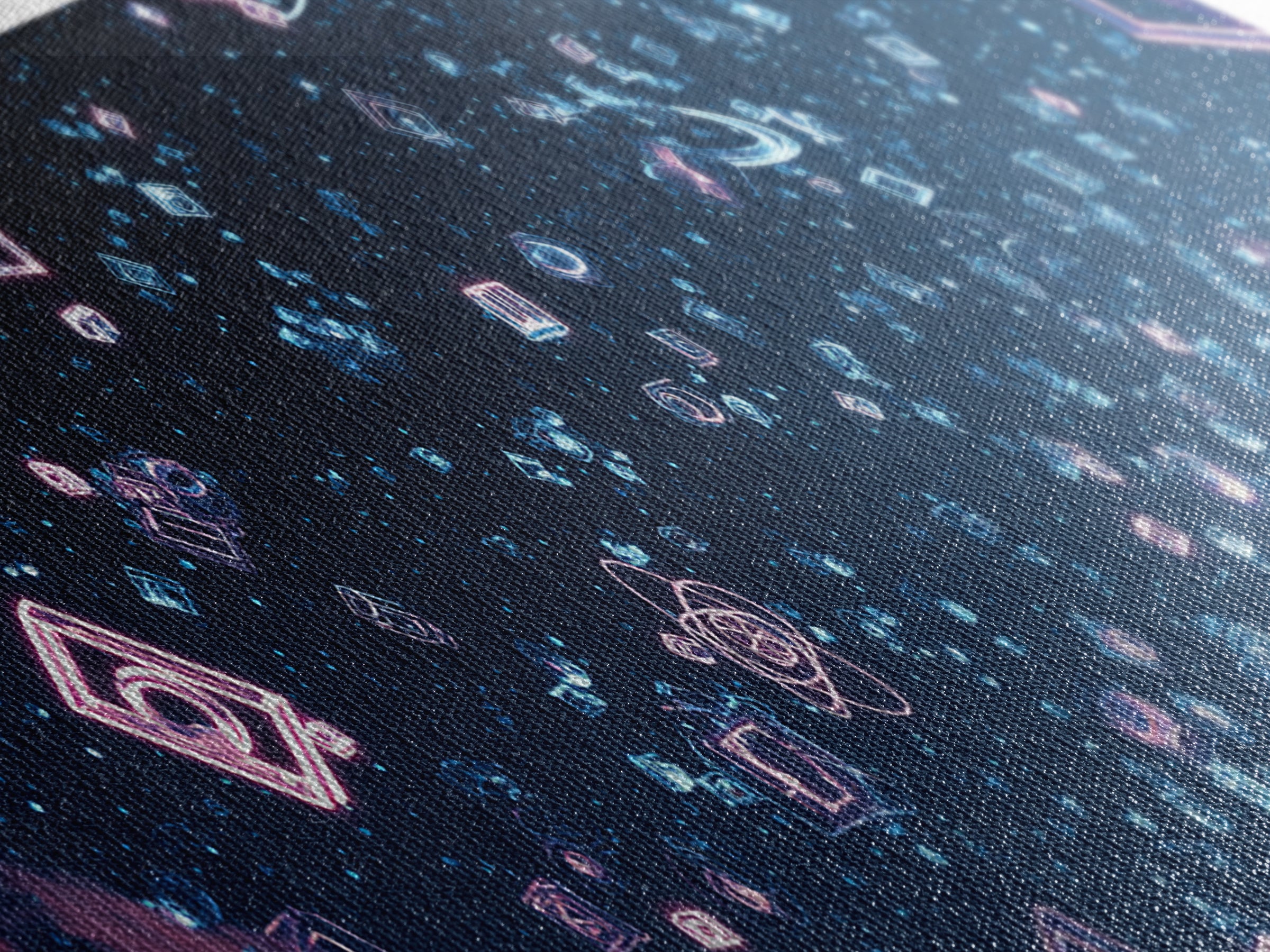 Neon Geometric Shapes Floating In Starry Sky Wall Art, Retro Futuristic Poster, Modern Abstract Art, Blue Pink Decor Print