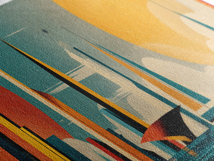 Futuristic Sailboat Skyline With Red And Yellow Suns Wall Art, Midcentury Modern Abstract Poster, Geometric Coastal Decor