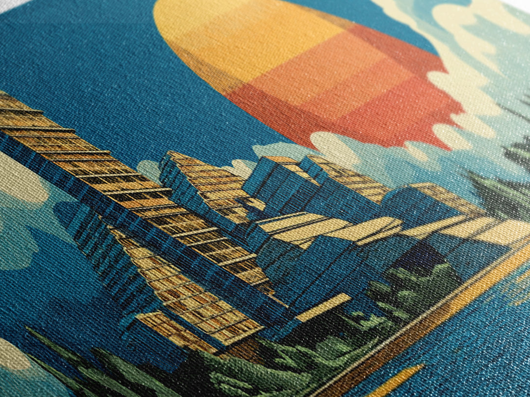 Mountain Lake Modernist Resort Wall Art, Midcentury Modern Canvas Print, Scenic Sunset Landscape, Large Retro Home Decor