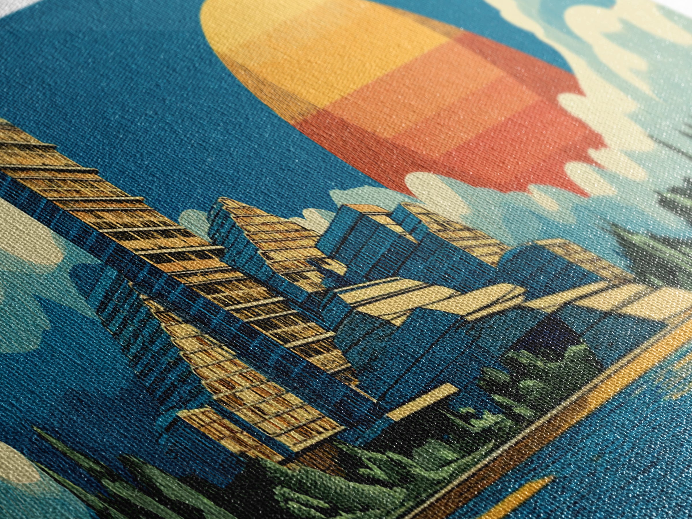 Mountain Lake Modernist Resort Wall Art, Midcentury Modern Canvas Print, Scenic Sunset Landscape, Large Retro Home Decor